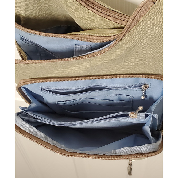 Baggallini Crossbody Travel Bag – Khaki with Blue Interior, Adjustable Strap - Picture 4 of 12